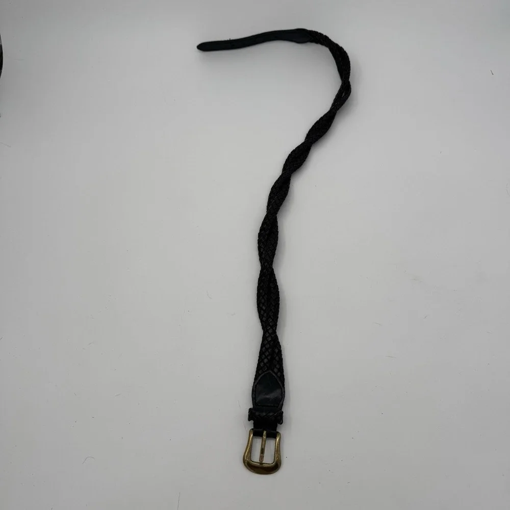 Talbots Genuine Leather Braided Belt Solid Brass Buckle Black XS VTG 6309‎ Boho